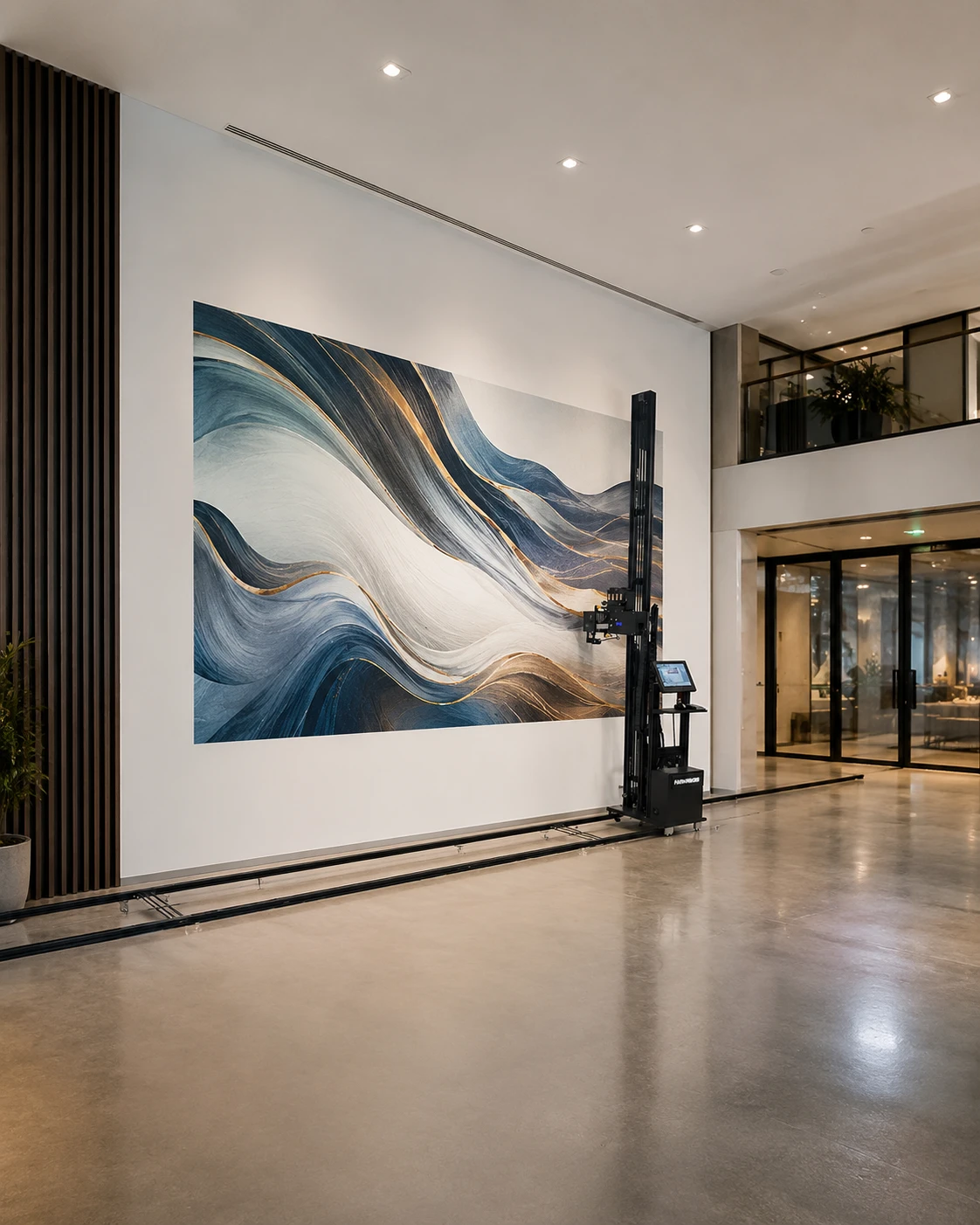 A blue and gold abstract mural printed the full height of a commercial lobby wall, the printer standing on its floor rails at the end of the run