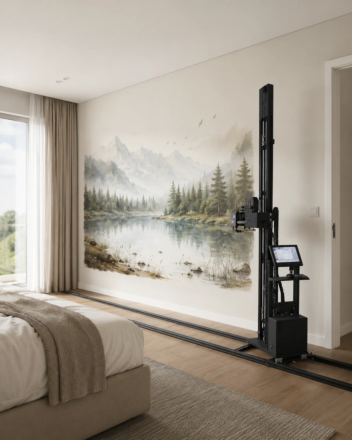 A soft mountain and lake watercolour printed across a bedroom feature wall, with the wall printer on its rails beside the bed