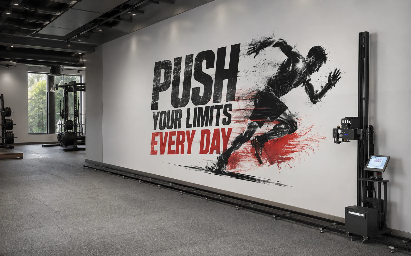 Large motivational typography printed across a gym wall, with the wall printer and its rails alongside