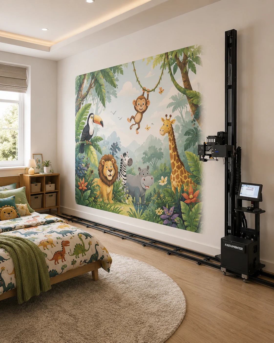 A jungle scene with lions, giraffes and monkeys printed across a child's bedroom wall, with the wall printer on its rails beside it