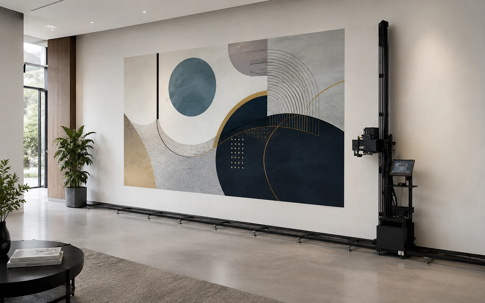 An abstract geometric design printed across an office reception wall, with the wall printer parked at the end of its rails