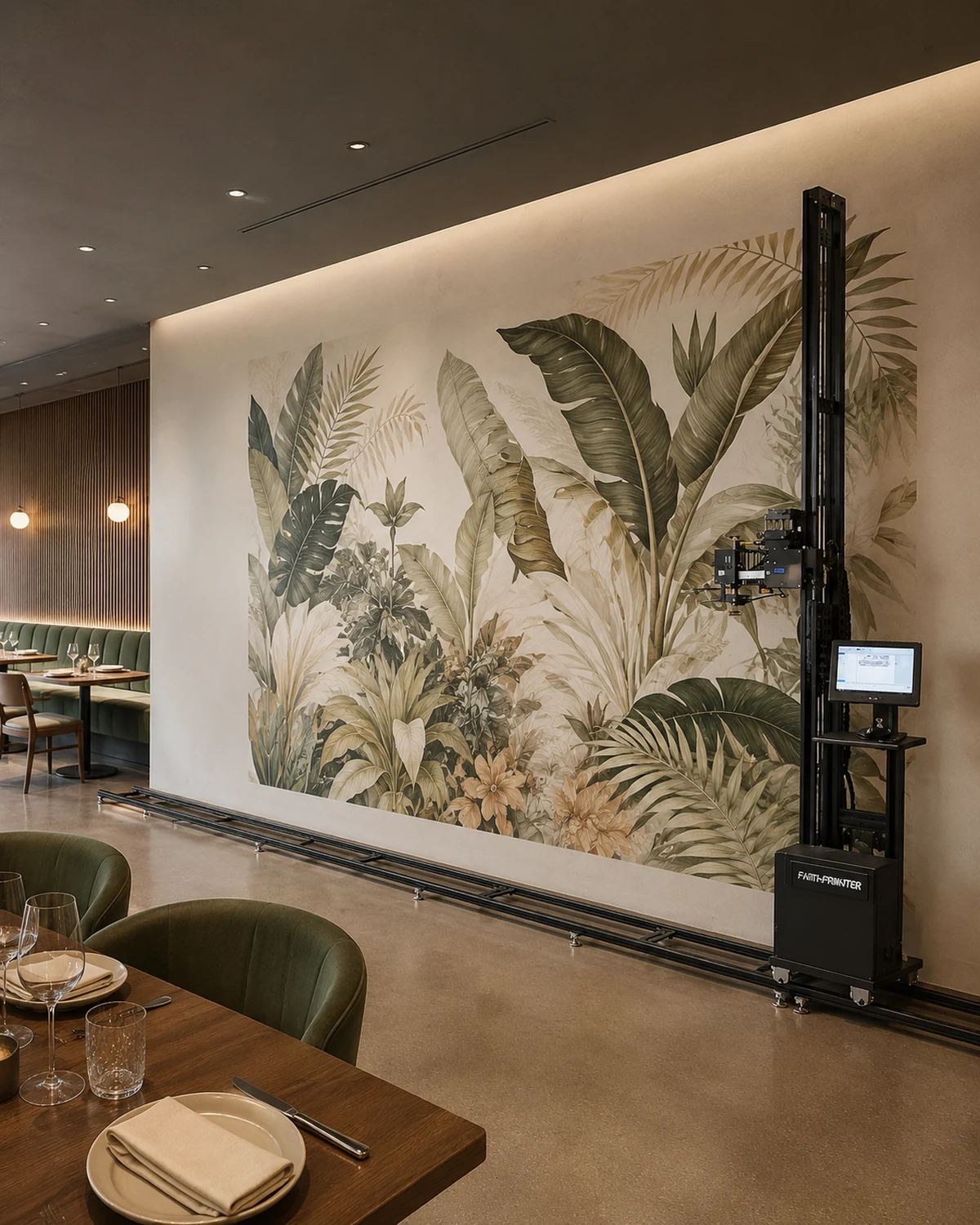A rail-mounted wall printer printing a large botanical mural across a restaurant wall, its floor rails running the length of the room