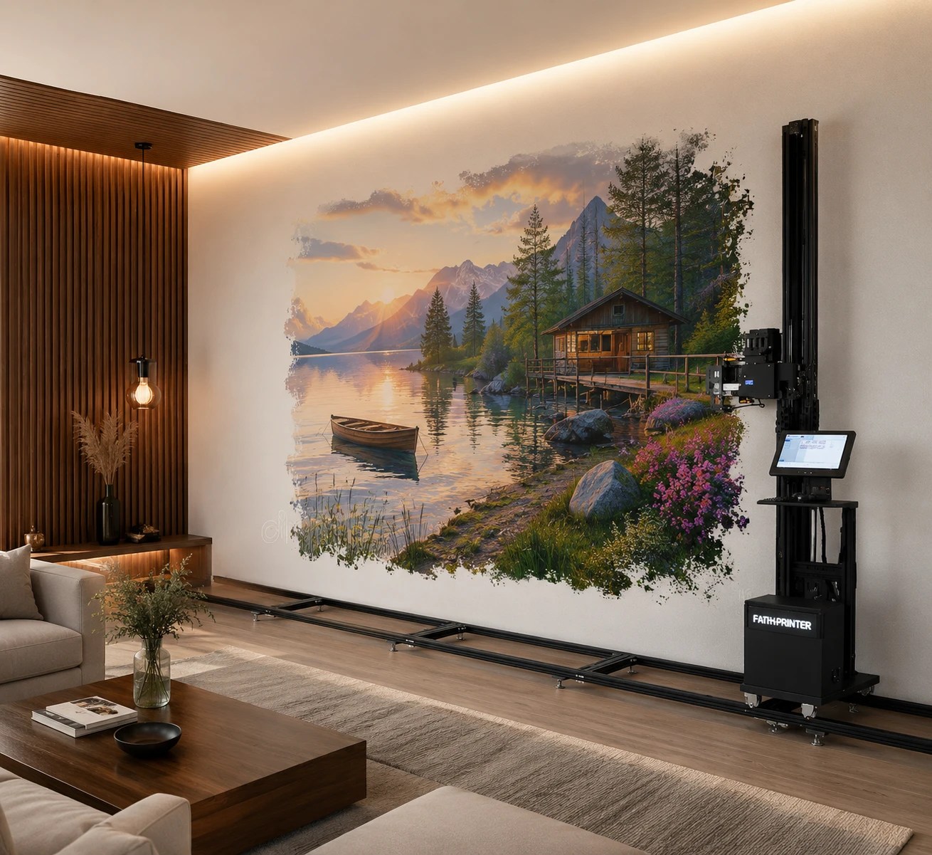 A lakeside cabin at sunset printed across a living room feature wall, with the wall printer and floor rails in front of it